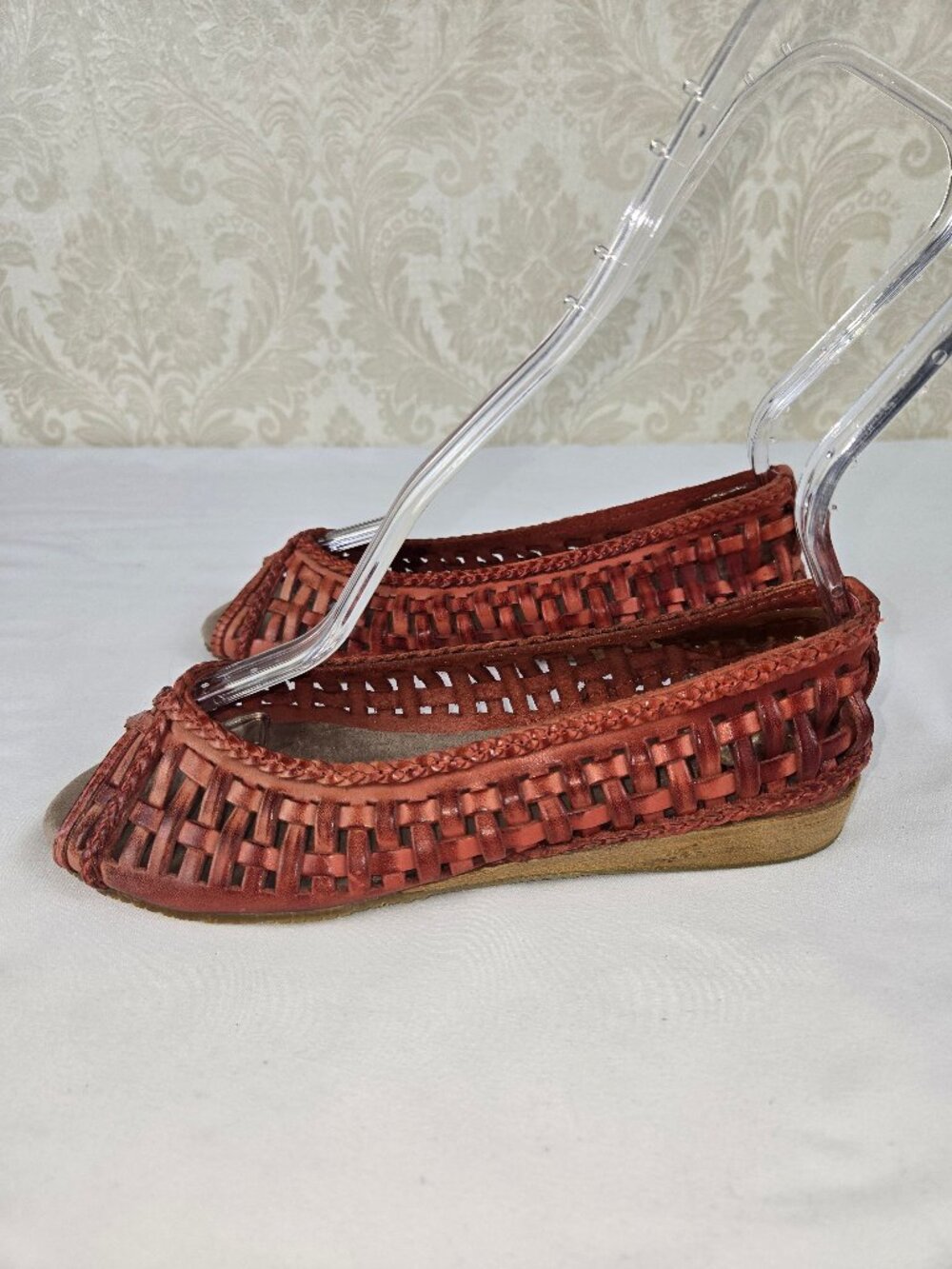 BC Footwear Size 6 Pink Woven Leather Peeptoe Flats Wedge Heel Rubber Sole NWOT